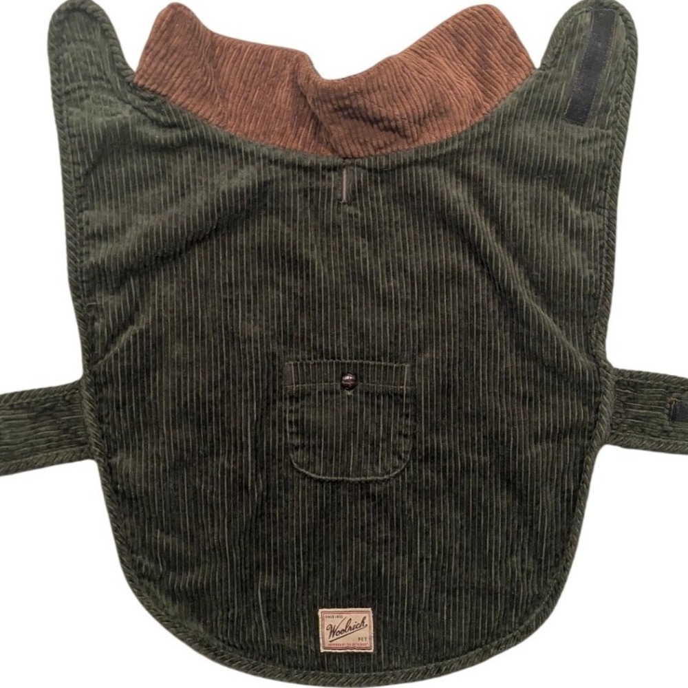 Woolrich Pet Dog Coat Winter XL Corduroy Green Brown Pocket Adjustable‎ Strap